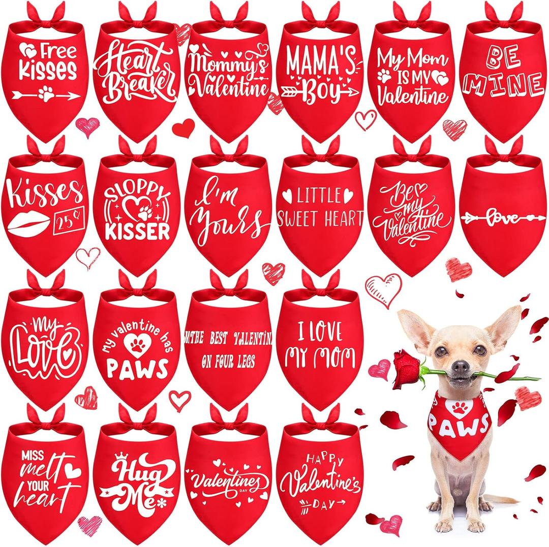 20 Pieces Valentines Dog Bandana Bulk Heart Bandanas Bibs Pet Triangle Bibs Scarf Valentine Bandana Adjustable Neckerchief Scarf for Puppy Cats Pet Costume Accessories(Classic,32 x 22 Inch)