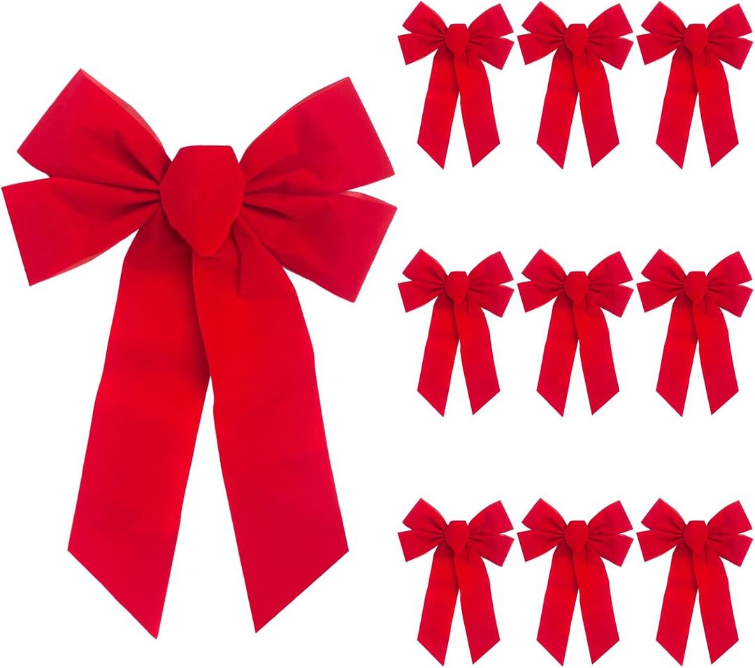 Red Christmas Bows Decorations, Red Velvet Bows for Christmas Tree, 10 PCS 9x13 Large Bow Ornaments for Xmas Tree, Cabinets, Wreaths Garland, Indoor Outdoor Decor, Front Door, Stairs Fence Fireplace