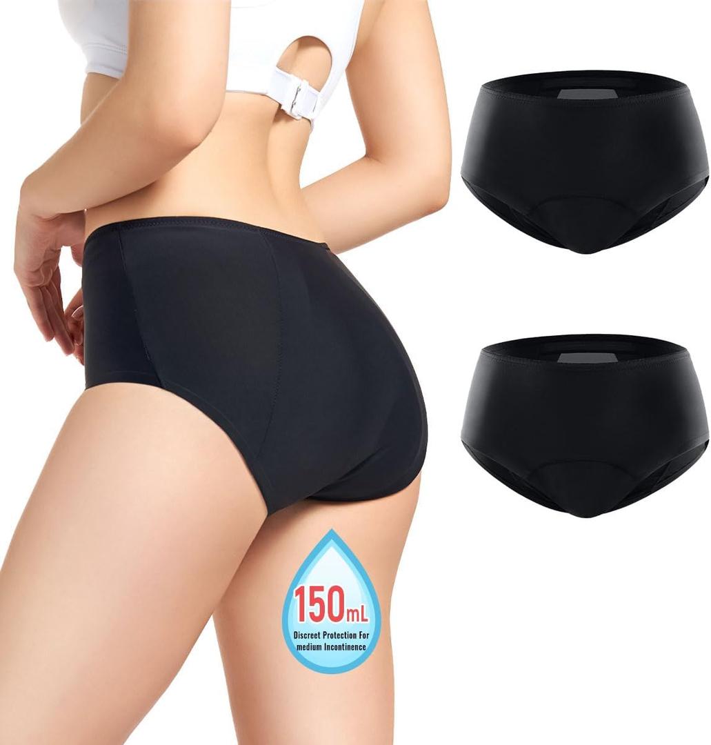CARER Incontinence Underwear for Women Washable 150ml Super Absorbent Leak Proof Underwear Womens Incontinence Panties for Women Incontinence Period Postpartum Leakage Protective Briefs Black 2pcs-2XL