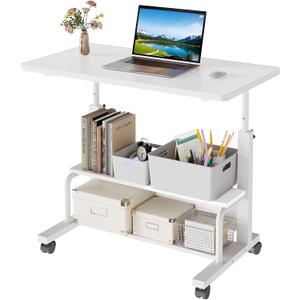 OLIXIS Rolling Desk, Storage Shelves, Laptop Table, Home Office | Height Adjustable Design, Computer Desks on Wheels, Portable for Small Spaces Use, White