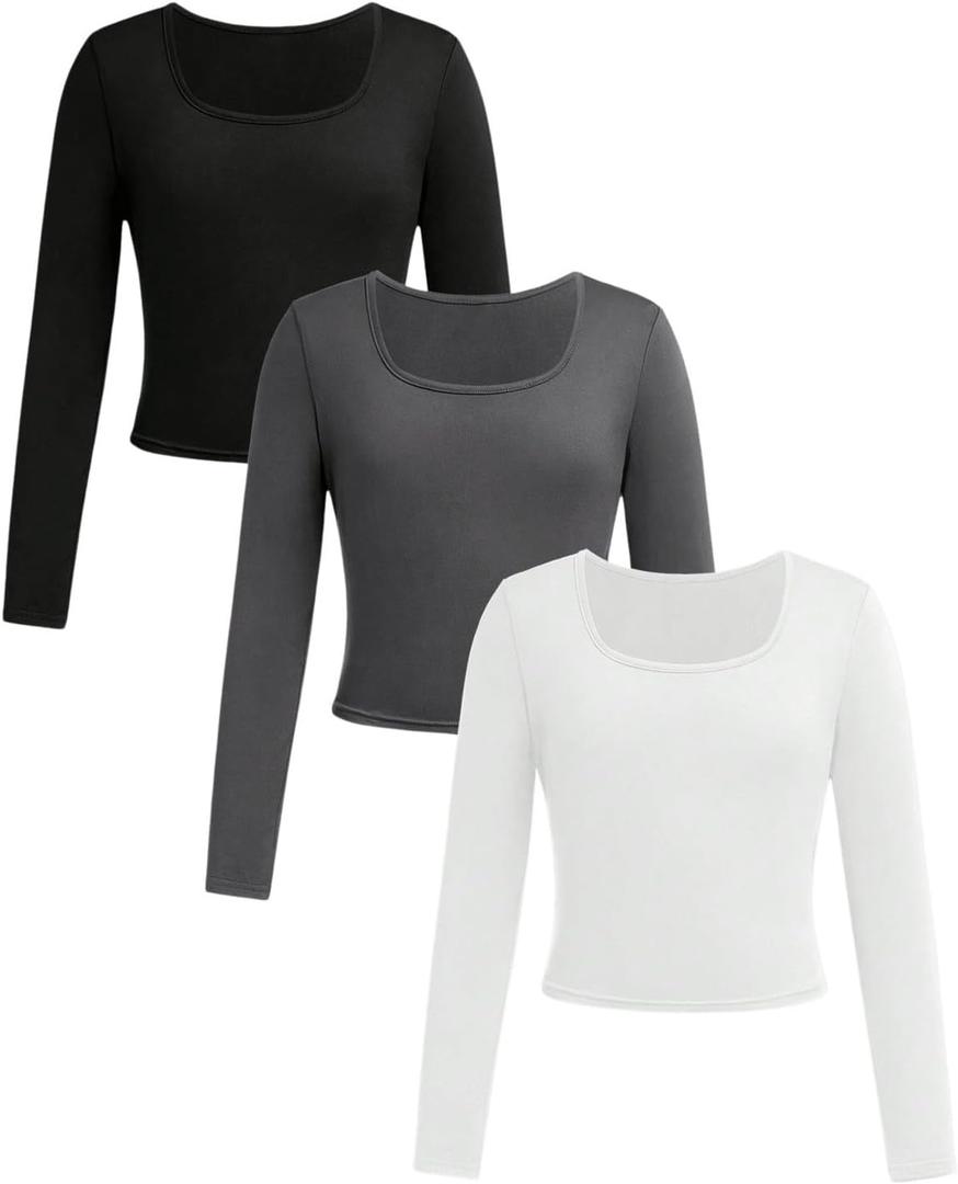 Girl's 3 Pack Long Sleeve T Shirt Square Neck Slim Fit Basic Tee Tops Soft Fall Tops (Black Grey White)