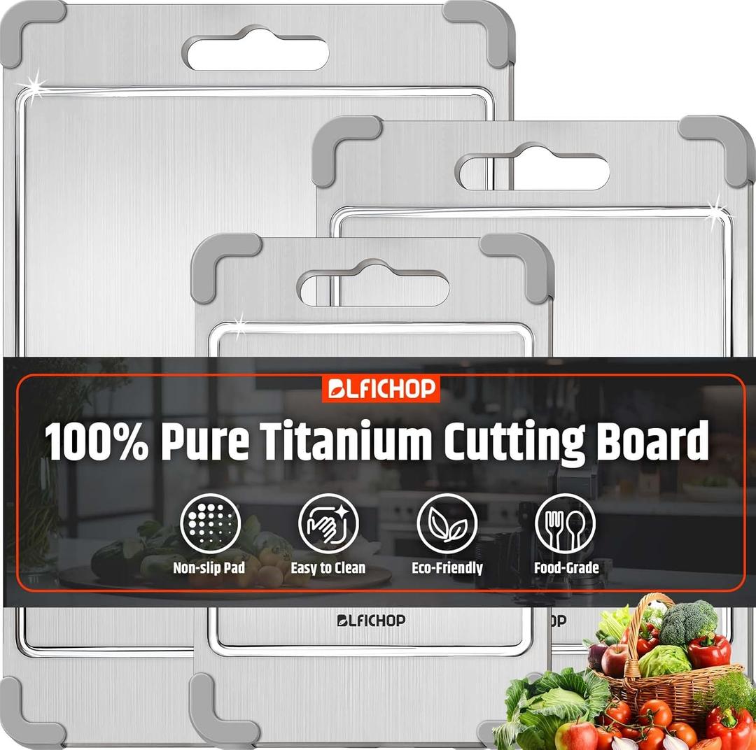 3PCS 100% Pure Titanium Cutting Boards for Kitchen, Food-Grade Metal Cutting Board for Meat, Fruit, and Veggies,Chopping Board with Anti-Slip Corner Protectors Removable, Dishwasher Safe Grey (17.32x11.8in, Gray)