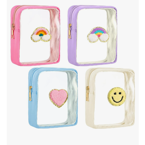 Spiareal 4 Pcs Preppy Patch Makeup Bag Cute Chenille Letter Pouch Cosmetic Toiletry Bag with Zipper Travel Organizer Stuff Skincare Cases for Women Nurse Graduation, (Transparent Surface)