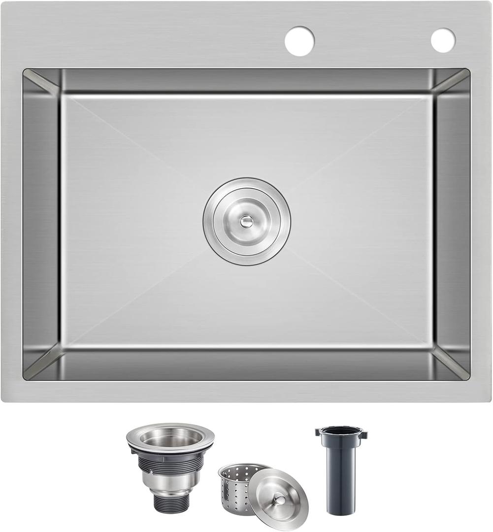 20"x16"x9" Drop in Kitchen Sink 304 Stainless Steel with 2 Holes, Wet Bar Prep Sink Single Bowl, Handmade Kitchen Sink Top Mount with Drain Assembly, Brushed