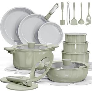 CAROTE 27pcs Ceramic Cookware Set Nonstick, Pots and Pans Set Non stick, Non Toxic Cookware, Dishwasher/Oven Safe, RV/Camping Cookware Set, Pan and Pot with Kitchen Utensils, Green