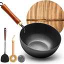 WANGYUANJI Carbon Steel Wok with Lid, 8.7" Small Mini Wok Pan, Thickened Heavy Duty Flat Bottom for Deep Frying, Camping & Solo Meals, Induction Ready, Seasoning Required, Traditional Pow Skillet (Black)