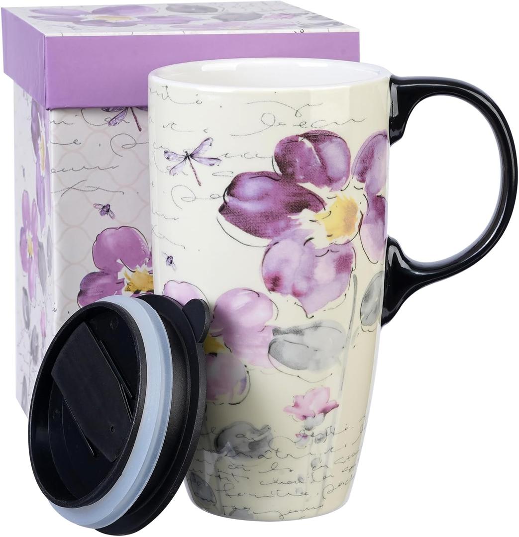 Topadorn Tall Ceramic Travel Mug 17 oz. Coffee Cups Sealed Lid With Color Box (Purple Flower)