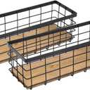 TIEYIPIN Farmhouse Small Metal Wire Storage Basket Bin, Rustic Home Storage Organizer with Wooden Bottom for Kitchen, Cabinets, Bathroom Counter, Pantry, Garage, Laundry Room - Black (2 Pack)