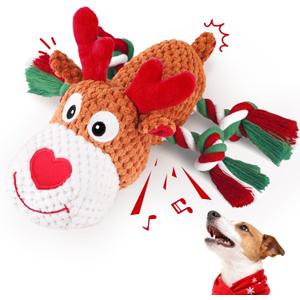Plush Rope Reindeer Dog Toy  Durable Squeaky Tug Toy for Small, Medium & Large Dogs, Interactive Chew & Fetch Puppy Toy (Christmas Colors)