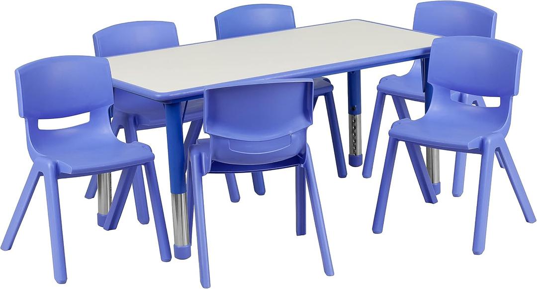 Flash Furniture Emmy Adjustable Classroom Activity Table with 6 Stackable Chairs, Plastic Activity Table for Kids, 23.625" W x 47.25" L, Blue/Gray