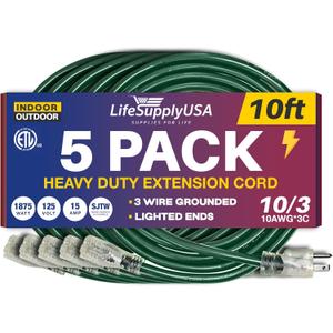 10ft Outdoor/Indoor Extension Cord 10/3 Gauge Ultra Heavy Duty 3 Prong SJTW, Waterproof, ETL Listed, Flexible Cold-Resistant Long Power Cord,125 Amp 1875W, Green by LifeSupplyUSA (4-Pack)