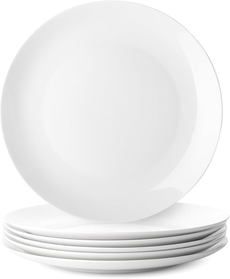 Brew To A Tea White Porcelain Dinner Plates, Set of 6, 10.5 Inch, Classic Style, Porcelain Construction, Dinner Plates