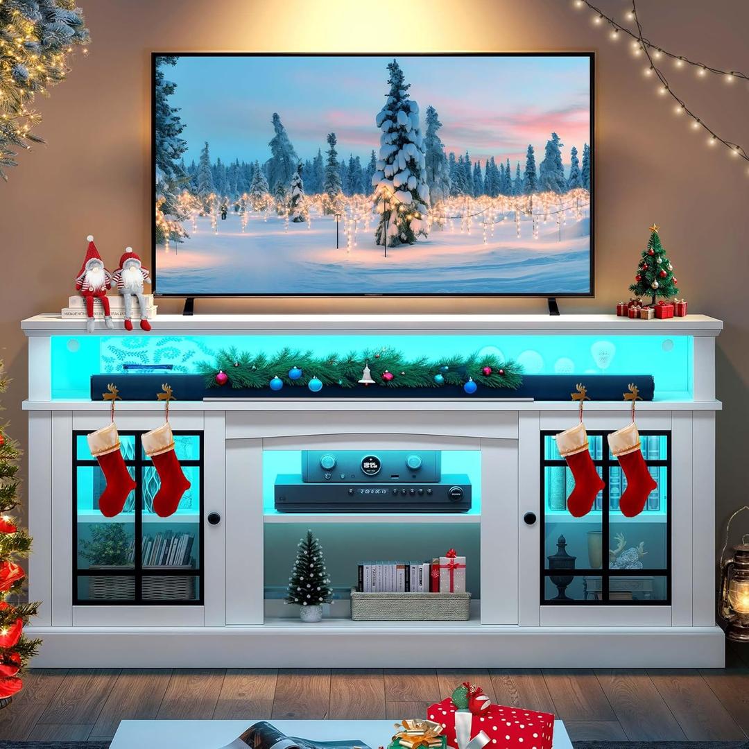 YITAHOME White TV Stand for 75 Inch TV, LED Modern Entertainment Center with Adjustable Shelves and Glass Doors, 32'' Tall Television Stands TV Media Console Table for Living Room, White