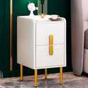 Modern Narrow Nightstand, Slim Skinny White Nightstand with 2 Drawers for Bedroom,Small End/Bedside Table, Textured Faux Leather & Marble-Patterned Synthetic Top