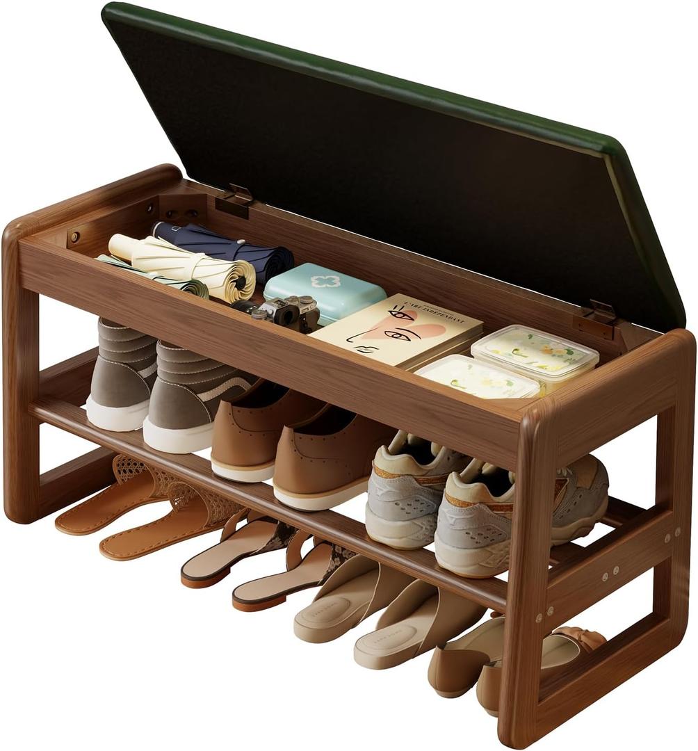 AQIMUELE Shoe Rack Bench,2 Tiers Shoe Bench with Storage with Flip-Top,Wood Shoe Rack for Entryway,HallwayGreen Upholstered Seat,11.8" D x 31.5" W x 15.7" H