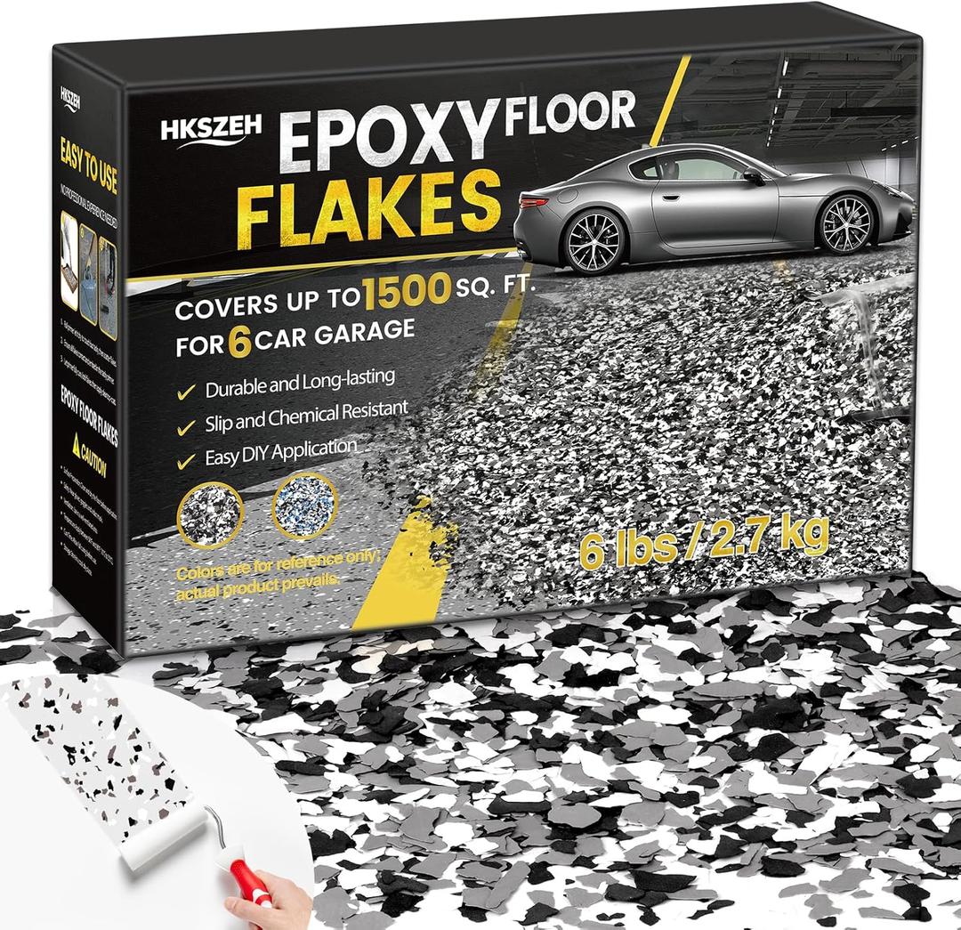 6lbs Epoxy Floor Flakes Black Gray White 3-5mm Blend Decorative Color Chips Epoxy Flooring Paint Chips Garage Floor Paint Flakes for Garages Basement Shops Interior Exterior