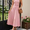 ZESICA Womens Spring Sleeveless Midi Sweater Dress 2026 Summer Casual Pleated A Line Flowy Knit Long Dresses with Belt (Pink, M)