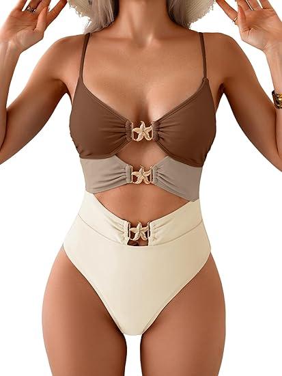 Eomenie Sexy One Piece Swimsuit for Women Cutout Monokini Bathing Suit Starfish Beach Resort Swimwear, Brown And Beige Large