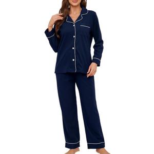 U2SKIIN Womens Button Up Pajama Sets Soft Long Sleeve Pajamas for Women Warm Flannel Knit Lounge Sets (Small, Navy)