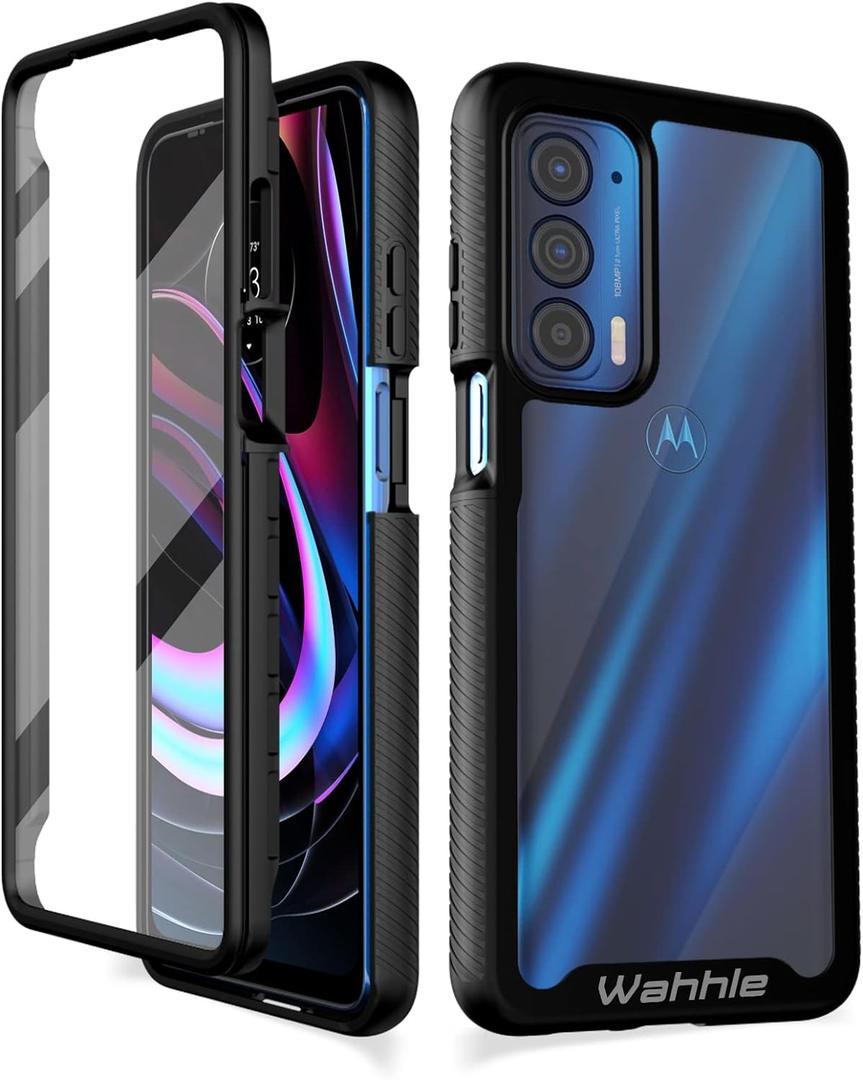 wahhle Compatible with Motorola Edge 5G UW Case, Built in Screen Protector Full Body Shockproof Slim Fit Bumper Protective Phone Cover for Edge 2021-Black/Clear