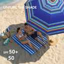 PASAMIC 7ft Beach Umbrella for Sand with Sand Anchor & Tilt, UPF 50+ Protection Beach Umbrellas for Heavy Duty Wind Portable with Carry Bag and Hook, for Patio Pool, Dark Blue Stripes Random pattern