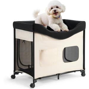 VEVOR Bedside Lounge Pet Bed, Foldable Bunk Dog Bed with 600D Oxford Cloth and Dutch Velvet, Portable Raised Cot with Wheels, Side Storage Bags, and Carry Bag for Cats & Dogs, L, Beige