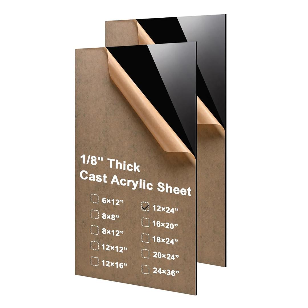KINLINK 12x24 Acrylic Sheets, 1/8inch (3mm) Black Plexiglass Sheets, Black Plasitc Board with Protective Paper for DIY Project, Craft, Picture Frames, Sign, Weding invitaton, 2 Pack