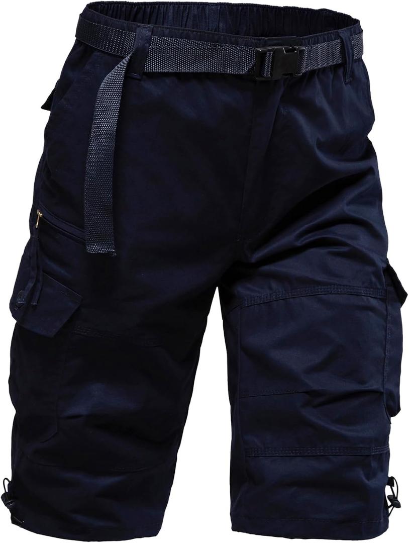 Mylldey Men's Cargo Shorts 3/4 Relaxed Fit Mens Running Shorts 7 Pockets Elastic Waist Cotton Hiking Shorts (Blue), 4XL