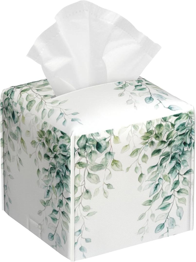 Watercolor Greenery Eucalyptus Leaves Tissue Box Cover Square Leather Tissue Holder Waterproof Facial Paper Organizer Dispenser Cube Paper Cover Case for Home Office Bathroom Vanity Countertop