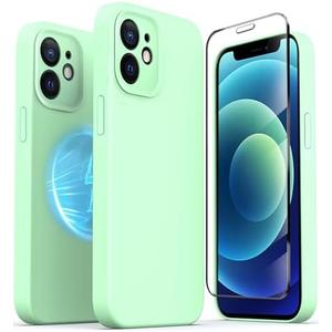 TZGZT Camera Protection for iPhone 12 Phone Case, [fits MagSafe Accessories] Magnetic Protective Cover with 2X Screen Protector, Women Case for iPhone 12, Silicone Green#1 2 Pack
