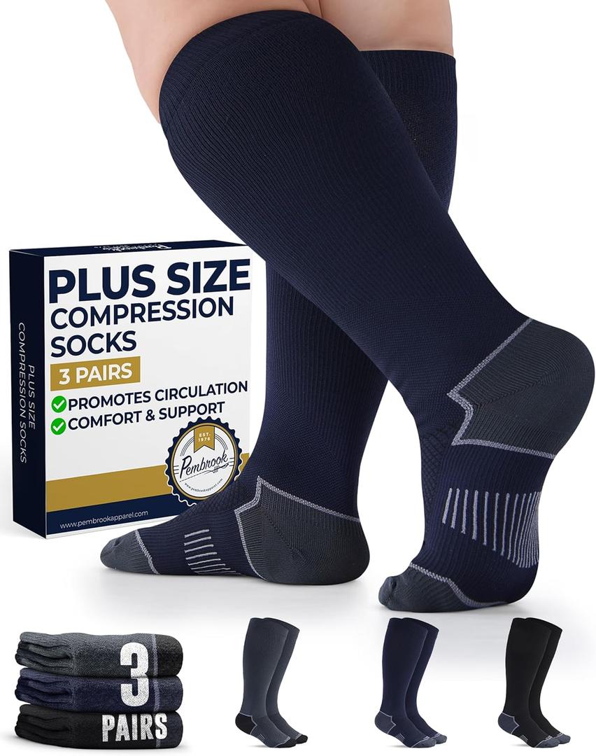Pembrook Plus Size Compression Socks for Women Wide Calf - 3 Pairs, 20-30mmHg Extra Wide Calf Compression Socks, Up to 4XL (Black/Gray/Navy - 3 Pairs)