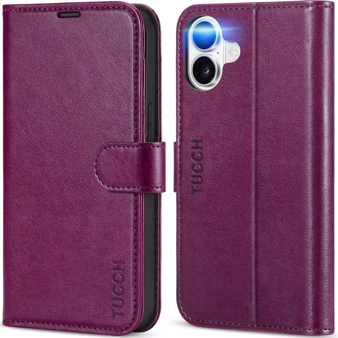 TUCCH Case Wallet for iPhone 16, Kickstand PU Leather Magnetic Protective Flip Cover with [RFID Blocking] [4 Card Slots] [TPU Interior Case] Compatible with iPhone 16 5G 2024, Plum Purple