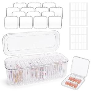 INMORVEN Press On Nail Storage Box 14 PCS Organizer with 1 Large Case & 60 Adhesive Tapes, Clear Acrylic Display Container for Fake Nails Salon Business or Personal Use (14 PCS Single Layer)