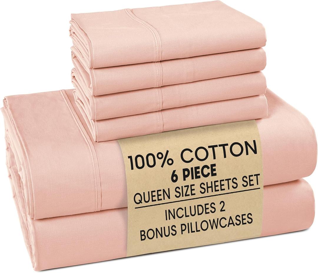 Casa Platino 100% Cotton Queen Size Sheets Set 6 Piece Crisp Percale Queen Size Cooling Sheets, Lightweight for Summer, with 15" Deep Pocket Fitted Sheet Nightly Comfort & Airy Sleep Veiled Rose