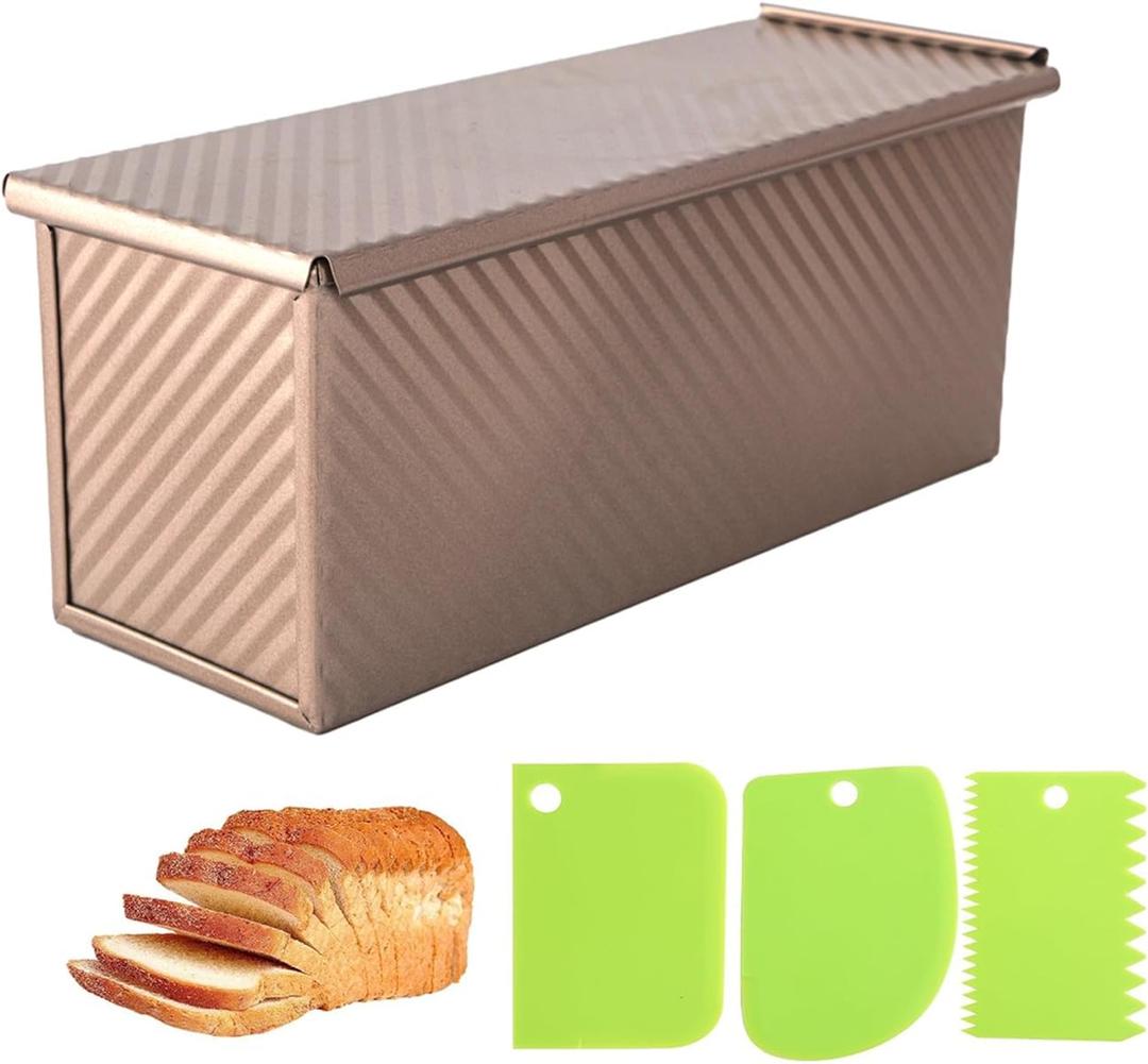 2.2Lb Bread Pan, Non-Stick Rectangle Pullman Loaf Pan with Lid, Long Sourdough Bread Loaf Pan for Homemade, Deep Bread Tin with Dough Scraper Cutter (13inch, Gold)