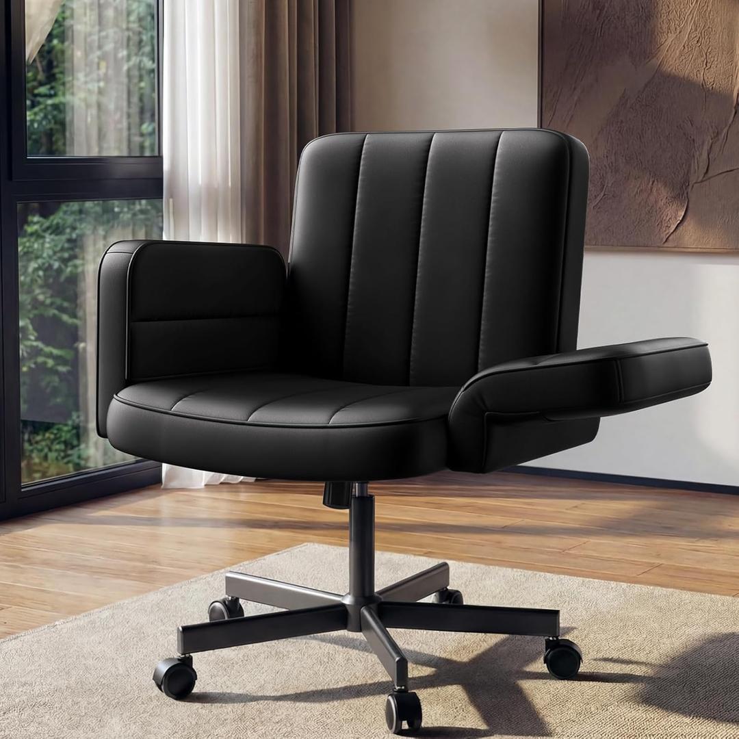 HUANUO Criss Cross Chair with 6-Point Adjustable Armrests, Pet-Friendly Criss Cross Office Chair, Comfortable Cross Leg Chair with Wide Seat, Durable PU Leather, Side Storage Pocket, Easy Assembly, 25.53 inches