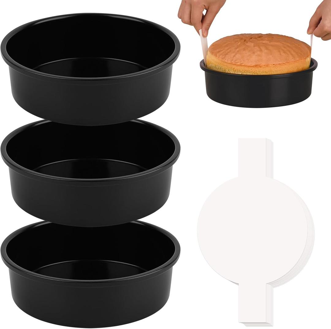HUAKENER 6 Inch Cake Pan  Set of 3 Round Cake Pans with 100 Pieces Parchment Paper, Nonstick Cake Baking Pans, Dishwasher Safe