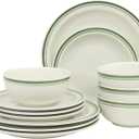 Gibson Home Hometown Diner 12-Piece Porcelain Dinnerware Set, Round Plates and Bowls Set for 4, White with Green Rim, Dishwasher Safe Dinner Plate, Salad Plate & Cereal Bowl