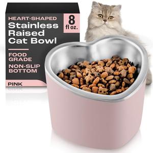 OCM Raised Cat Bowl  8oz Heart Shaped Elevated Bowls, Stainless Steel, Non-Slip, Promotes Digestion, Reduces Vomiting, Indoor Cat & Small Dog Bowls (Pink)