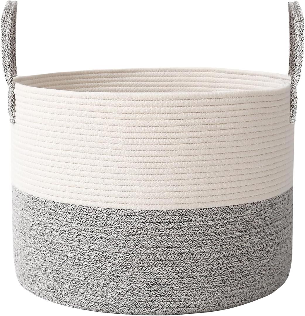 JMvicyroam 65L Extra Large Blanket Basket for Living Room - Woven Cotton Rope Laundry Hamper with Reinforced Handles - Storage Bin for Pillows, Comforters & Toys - Machine Washable,White&Grey