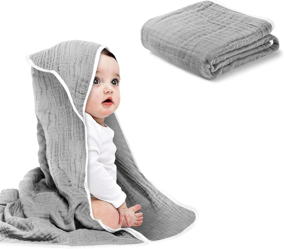 2 x Baby Hooded Towels for Babies and Toddlers, Muslin Baby Bath Towel Soft and Absorbency (Grey 1 Pack)