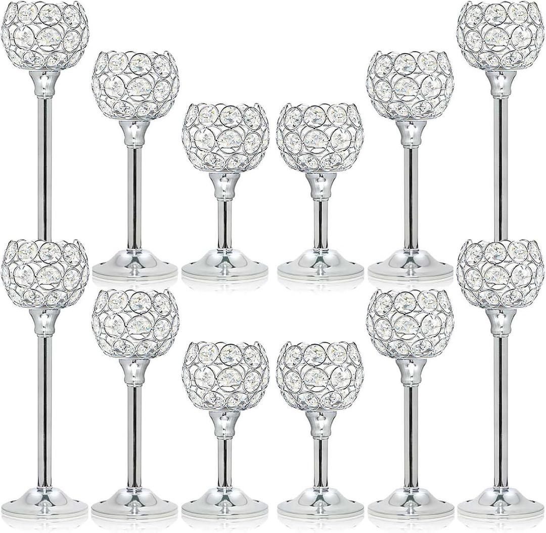 Bulk Crystal Candle Holder Set, 3 Sizes Tealight Candlestick Holders, Elegant Candelabra for Wedding Table Centerpiece, Fireplace, Home & Living Room Decor  Kehail (Set of 12, Silver)