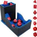 Dice Tower & DND Dice Tray, Foldable Portable Dice Rolling Tower with Tray and Storage, DND Dice Accessory for Dungeons and Dragons, PU Leather Dice Box with 7 Dice, Black/Blue