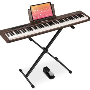 MOSEN 88-key digital piano keyboard with semi-weighted keys, double keyboard, LED display, 380 tones, 128 rhythms, 88 demo songs, Piano Lessons, keyboard stand and sustain pedal (MSP-45WR)-Brown