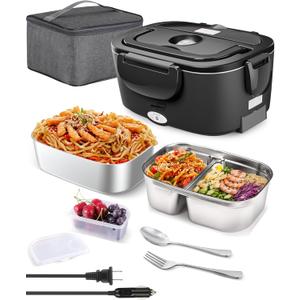 Buddew Electric Lunch Box 80W Food Heater with Dual Container, Portable Lunch Warmer for Adults, Upgraded Heated Lunch Box for Car/Truck/Office with SS Fork&Spoon and Insulated Carry Bag (Black)