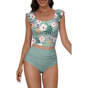Eomenie Tankini Swimsuits for Women Ruched Tummy Control Bathing Suit Two Piece Swim Tank Top with High Waisted Bottom Green Floral, M