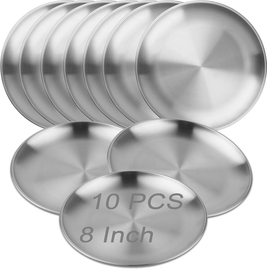 MOUYAT 10 PCS 8 Inch Large Stainless Steel Plate, 20cm Round Dinner Metal Plates, Metal Salad Steak Plates Reusable Dinner Dish for Eating Serving Camping Outdoor BBQ Home Kitchen, Polished Silver (8 Inch 10 PCS)