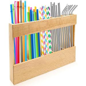 Wooden Straw Holder Straw Organizer Straws Storage Container with 4 Pcs Double Sided Adhesive Tape for Kitchen Counter