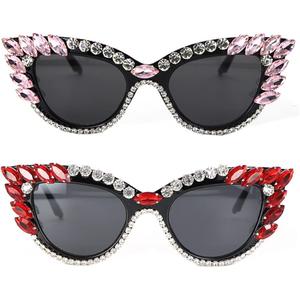 Retro Cateye Sunglasses for Women UV400 Protection Cat Eye bling rhinestone Sun Glasses ((2 Pack ) Pink+red)