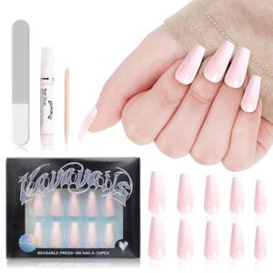 Coffin Press On Nails, Ombre & Glossy Fake Nails, Reusable Press Ons Set for Women Daily Wear, Durable, 12 Sizes - 24 Pcs with Glue & Jelly Gel, Gradient Pink